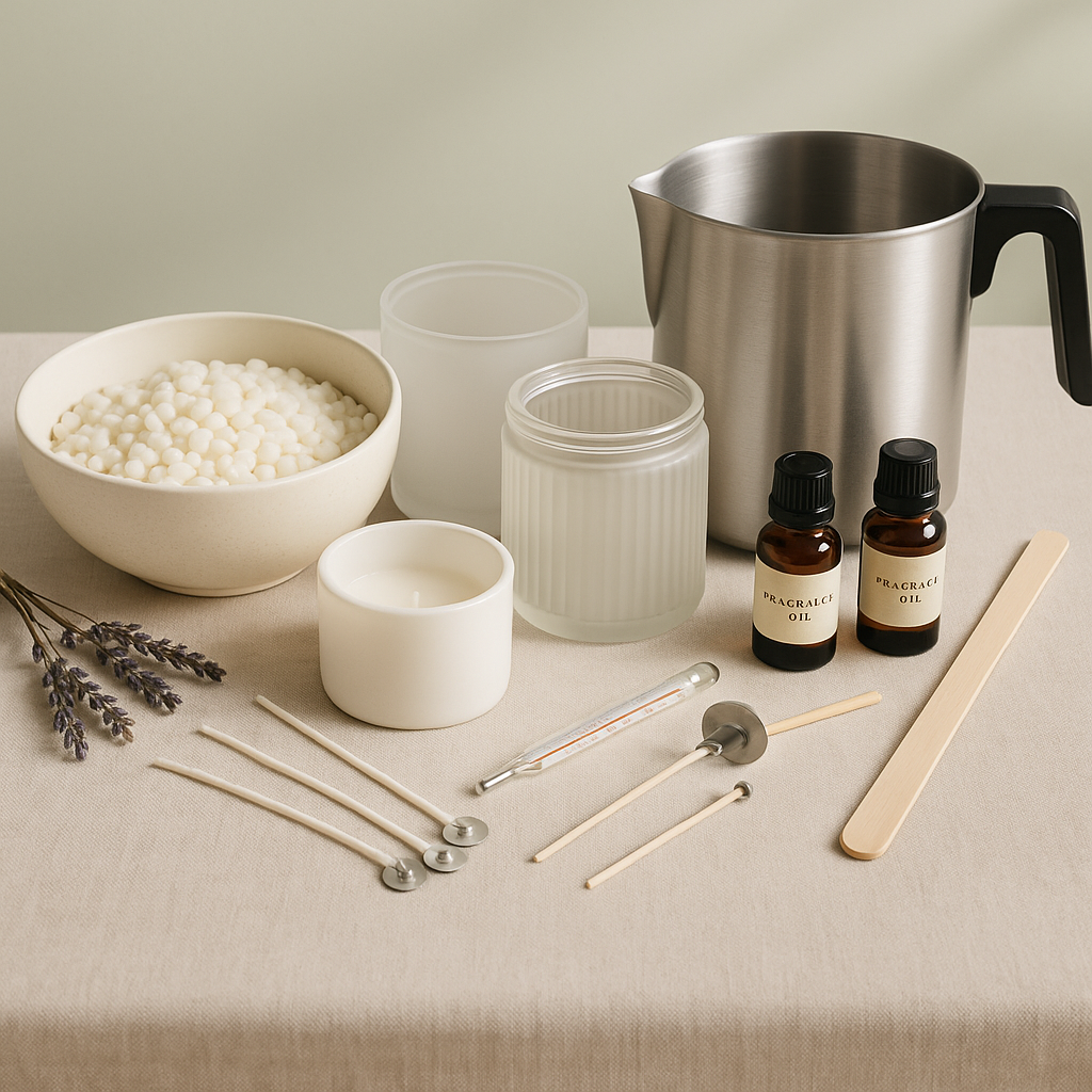 A collection of items for a DIY candle making kit, including a metal bowl, white wax pellets, various wicks, cotton, a wick tab, wooden sticks, and fragrance bottles.